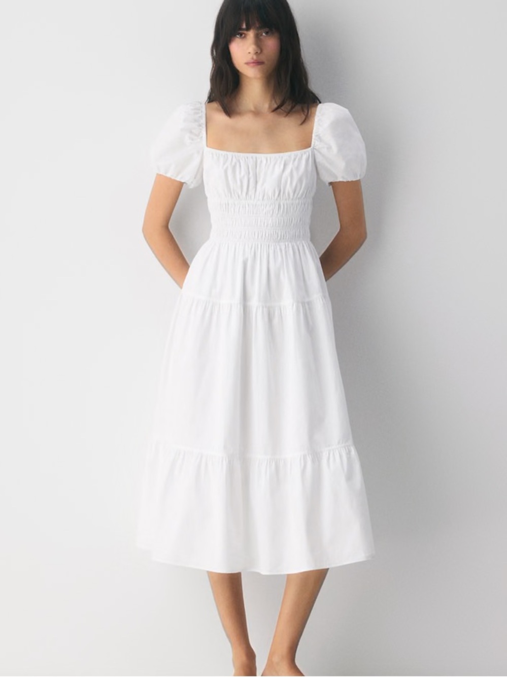 Aritzia White Puff-Sleeve Smocked Midi Dress Allegoria Poplin Dress